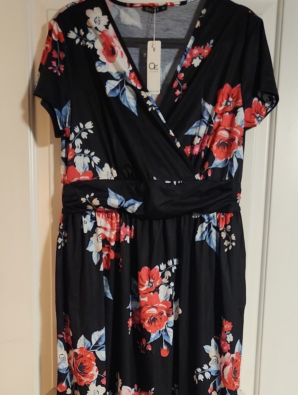 OE Black Maxi Dress with Red & Blue Floral Print